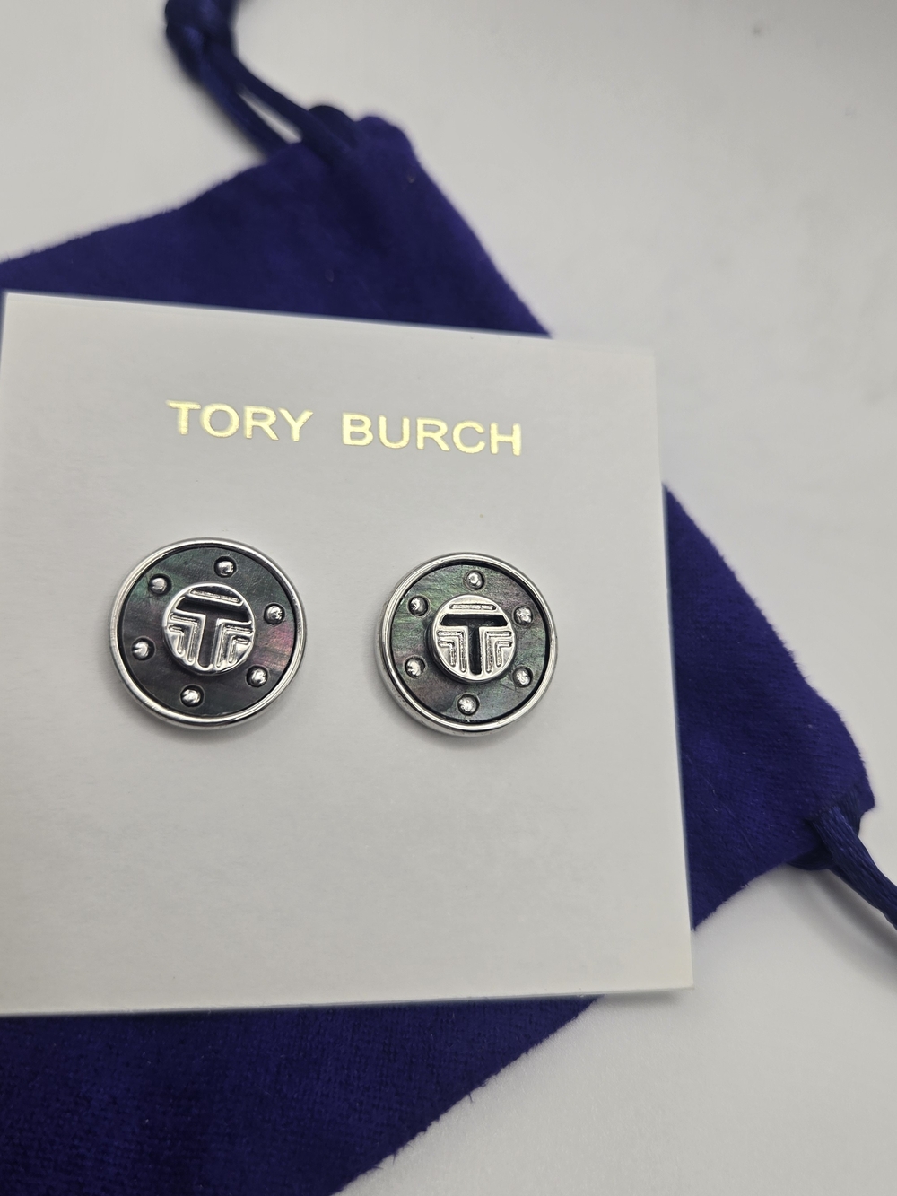 New Tory Burch Round Logo Stud Earrings Silver and Gunmetal